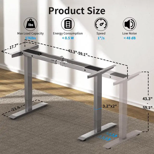 Alt view image 2 of 7 - Dual Motor Electric Standing Desk Frame with Memory Controller, Computer Memory Desk Adjustable Table Legs Up to 47.2" for Home and Office, Metallic Silver