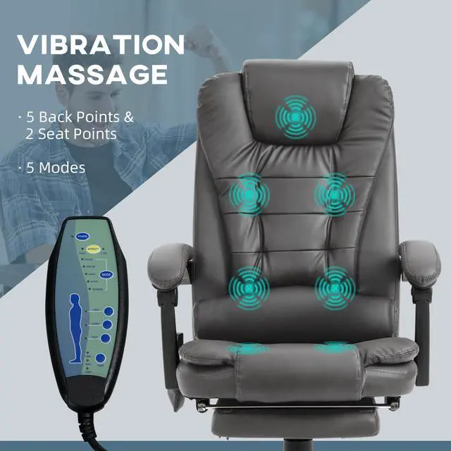 Alt view image 4 of 7 - 7-Point Vibrating Massage Office Chair, High Back, Gray | Computer Chair, Lumbar Support, Footrest, Reclining Back, Adjustable Height