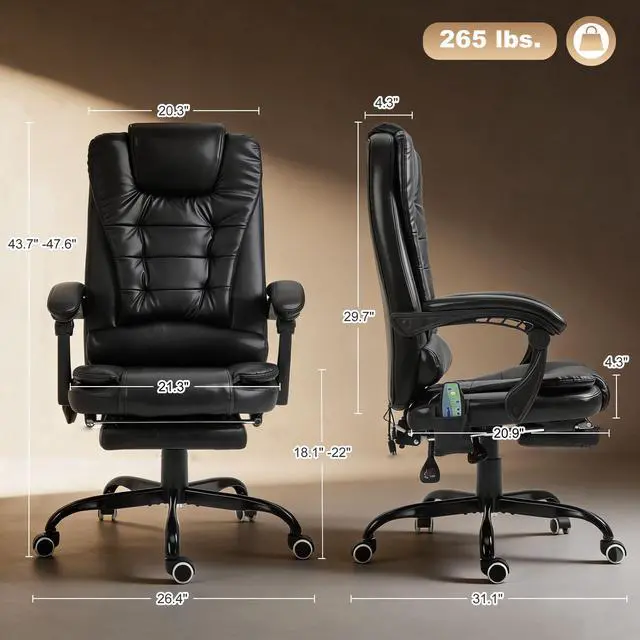 Alt view image 3 of 7 - 7-Point Vibrating Massage Office Chair, High Back, Black | Computer Chair, Lumbar Support, Footrest, Reclining Back, Adjustable Height