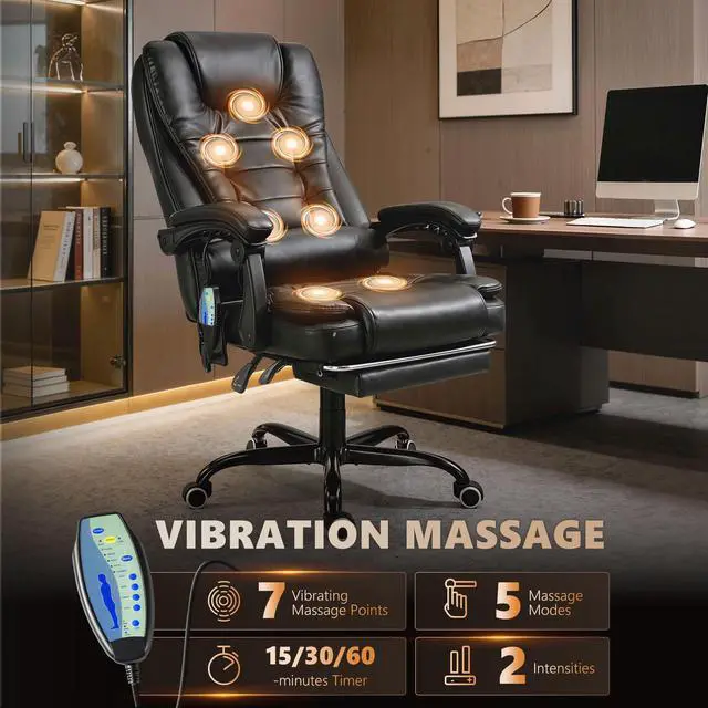 Alt view image 4 of 7 - 7-Point Vibrating Massage Office Chair, High Back, Black | Computer Chair, Lumbar Support, Footrest, Reclining Back, Adjustable Height