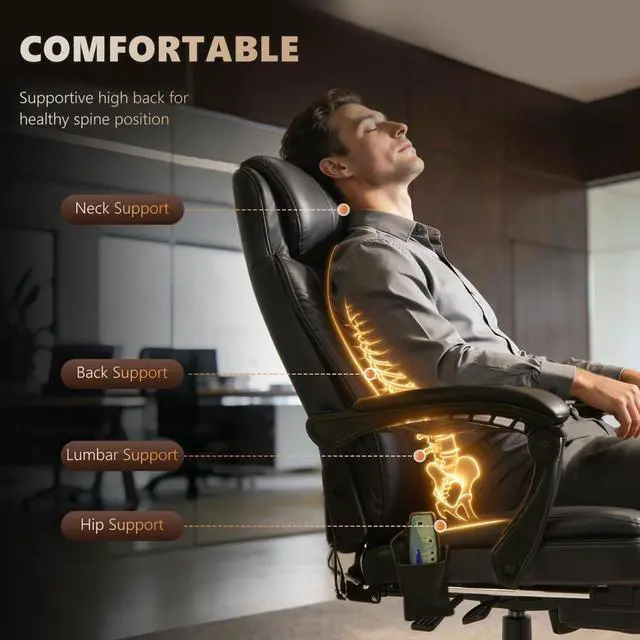 Alt view image 5 of 7 - 7-Point Vibrating Massage Office Chair, High Back, Black | Computer Chair, Lumbar Support, Footrest, Reclining Back, Adjustable Height