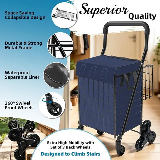 Alt view image 4 of 7 - Stair Climber Grocery Cart w/Waterproof Liner & Tri-Wheels | Foldable Utility Trolley, Up to 100 LBS | Ideal for Groceries, Laundry, Travel