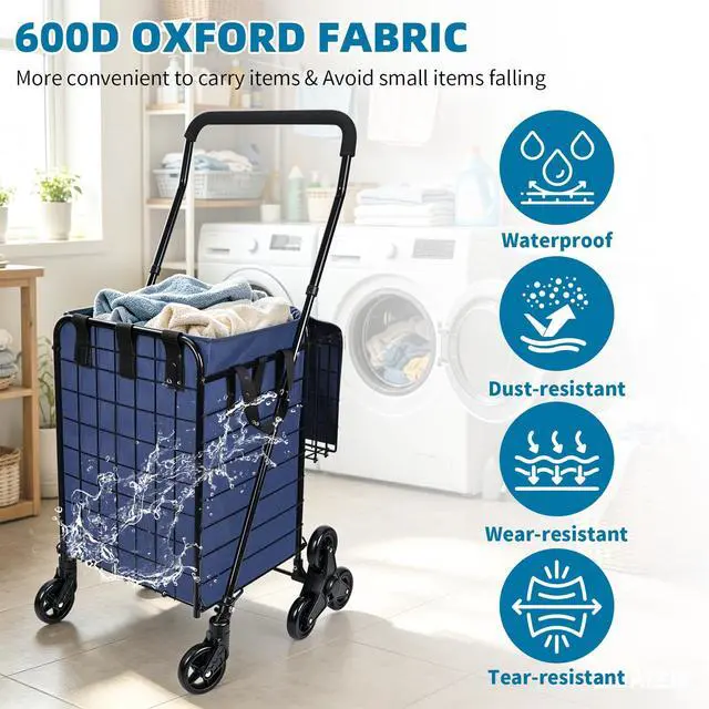 Alt view image 5 of 7 - Stair Climber Grocery Cart w/Waterproof Liner & Tri-Wheels | Foldable Utility Trolley, Up to 100 LBS | Ideal for Groceries, Laundry, Travel