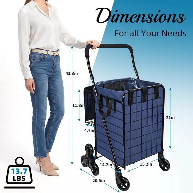 Alt view image 6 of 7 - Stair Climber Grocery Cart w/Waterproof Liner & Tri-Wheels | Foldable Utility Trolley, Up to 100 LBS | Ideal for Groceries, Laundry, Travel