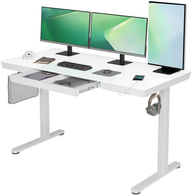 Main image of Glass Standing Desk with Drawers, 55x24 Inch, White | Quick Install, Whole-Piece Glass Top, USB ports and a Type-C port, Buil in Drawers, Writable Glass Top, 2 Hooks