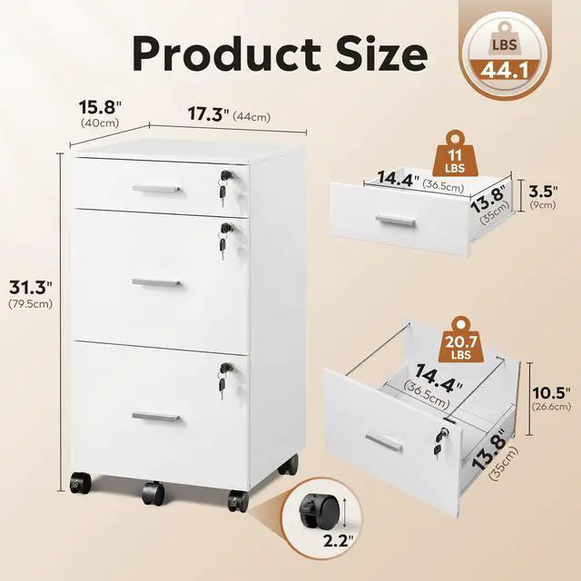 Alt view image 2 of 7 - 3 Drawer File Cabinet with Lock & Wheels, White | Wood printer stand, Mobile filing cabinets for home office, Fits Letter/A4 Size
