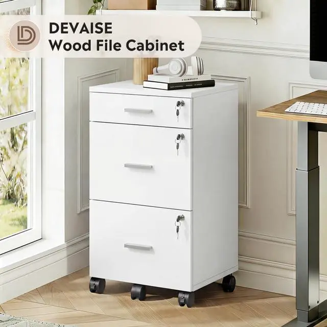 Alt view image 3 of 7 - 3 Drawer File Cabinet with Lock & Wheels, White | Wood printer stand, Mobile filing cabinets for home office, Fits Letter/A4 Size