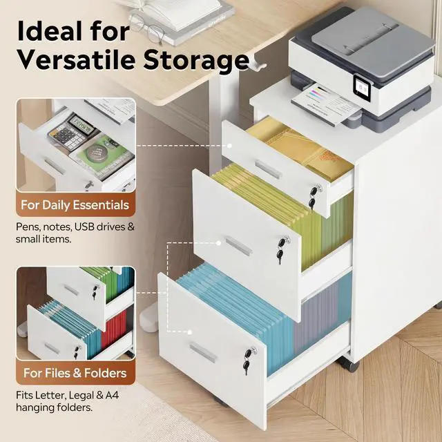 Alt view image 5 of 7 - 3 Drawer File Cabinet with Lock & Wheels, White | Wood printer stand, Mobile filing cabinets for home office, Fits Letter/A4 Size