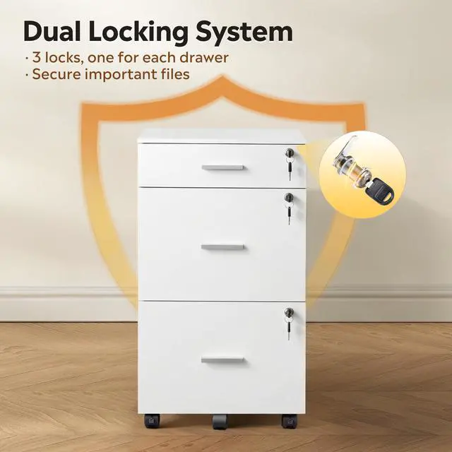 Alt view image 6 of 7 - 3 Drawer File Cabinet with Lock & Wheels, White | Wood printer stand, Mobile filing cabinets for home office, Fits Letter/A4 Size