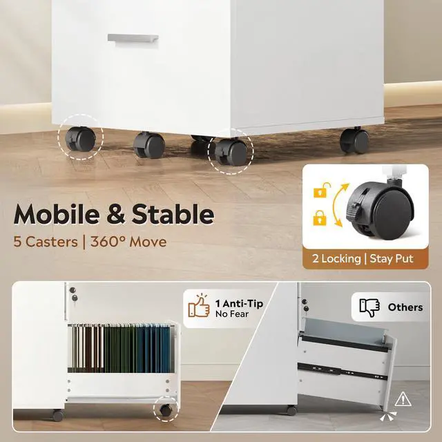 Alt view image 7 of 7 - 3 Drawer File Cabinet with Lock & Wheels, White | Wood printer stand, Mobile filing cabinets for home office, Fits Letter/A4 Size