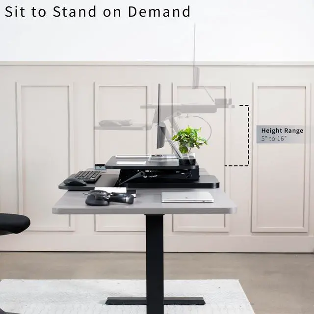 Alt view image 3 of 7 - Black Height Adjustable 25 inch Standing Desk Converter, Compact Sit Stand Tabletop Monitor Riser Workstation, DESK-V001G