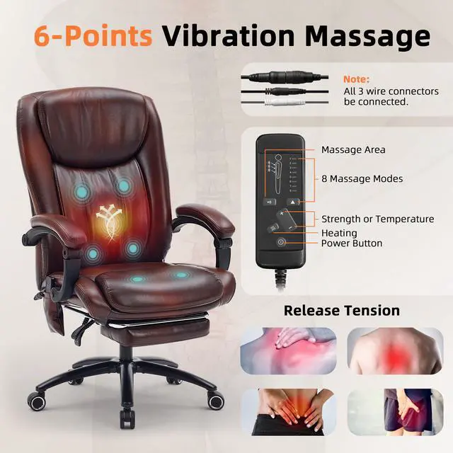 Alt view image 4 of 7 - Massage Office Chair with Heat and Foot Rest, Brown | 6-Point Vibration and Heat, 95°-135°Recline, 400LBS Capacity, High Back PU Leather Comfy Office Chair for Home Office Gaming