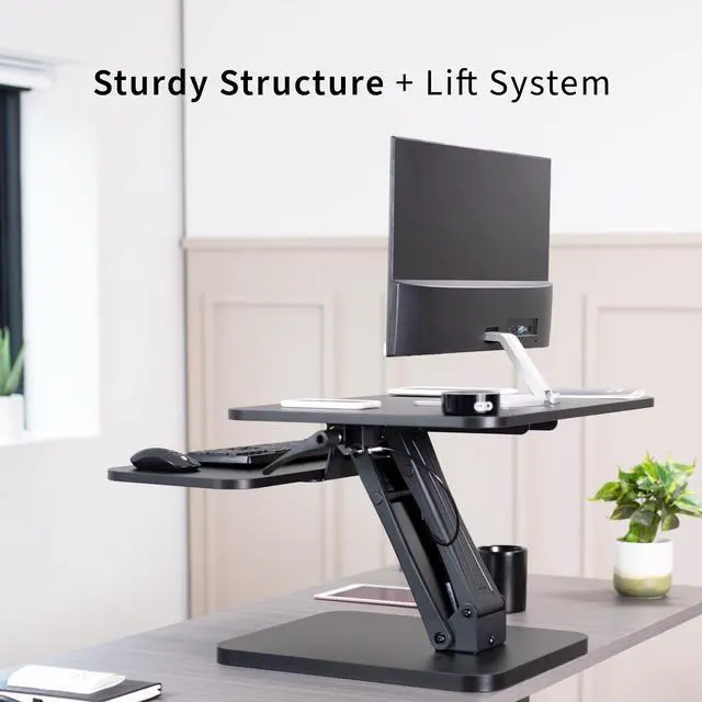 Alt view image 6 of 7 - Black Height Adjustable 25 inch Standing Desk Converter, Compact Sit Stand Tabletop Monitor Riser Workstation, DESK-V001G