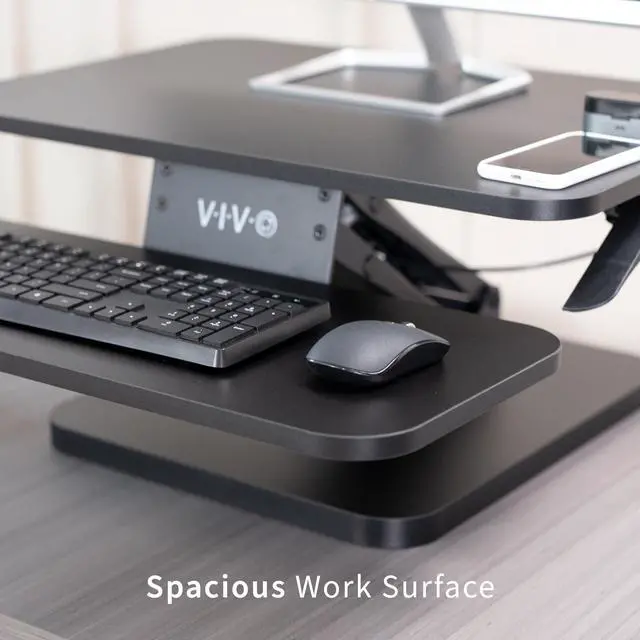 Alt view image 7 of 7 - Black Height Adjustable 25 inch Standing Desk Converter, Compact Sit Stand Tabletop Monitor Riser Workstation, DESK-V001G