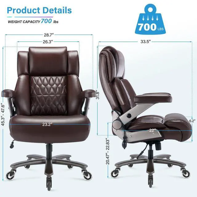 Alt view image 3 of 7 - Big and Tall 700lbs Office Chair - Adjustable Lumbar Support 3D Flip Arms Heavy Duty Metal Base&Wheels, High Back Large Executive Computer Desk Chair, Thick Padded Ergonomic Design for Back Pain