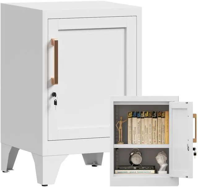 Main image of 23.6" H White Metal Locker Nightstand with 1 Lockable Door and 1 Adjustable Shelf, Small Storage Cabinet with Detachable Legs and Vintage Handle for Home Office,Living Room or Bedroom,Easy Assembly