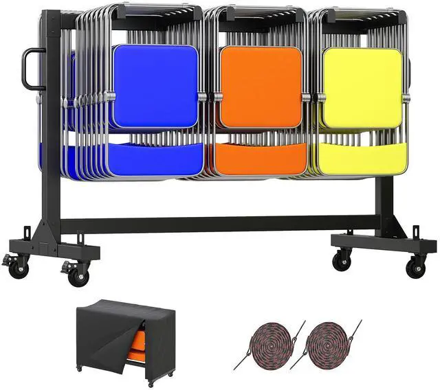 Main image of Folding Chair Rack and Table Cart for 42 Chairs or 12 Tables | Heavy-Duty Folding Chair Cart with 550 LBS Capacity, PU Wheels, Dust Cover and Elastic Cords