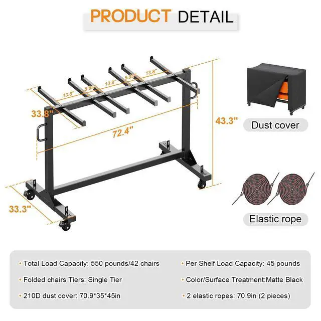 Alt view image 7 of 7 - Folding Chair Rack and Table Cart for 42 Chairs or 12 Tables | Heavy-Duty Folding Chair Cart with 550 LBS Capacity, PU Wheels, Dust Cover and Elastic Cords