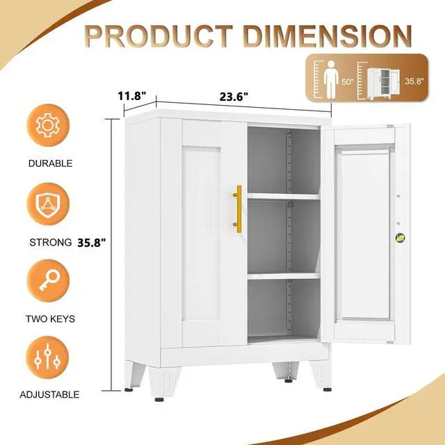 Alt view image 3 of 7 - 36" Metal File Garage Storage Cabinet with Lock,Lockable 3D Printer Table Cabinet with Filament and 2 Adjustable Shelves,Tool Steel Locker Organizer for Home Office,Studio,School,Warehouse(White)