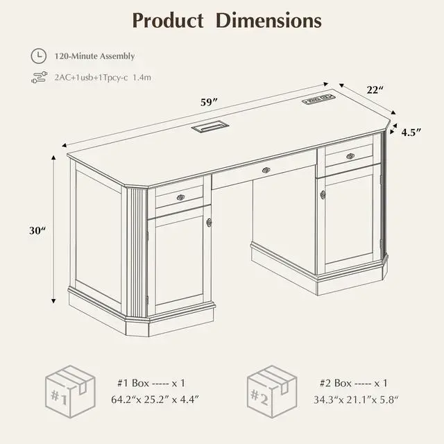 Alt view image 2 of 7 - 59" Classic Executive Desk with Storage, Victorian Executive Desk with Charging Station, Keyboard Tray, 3 Drawers & 2 Cabinet Storage & 2 Pedestals, Easy Assembly, Dark Walnut