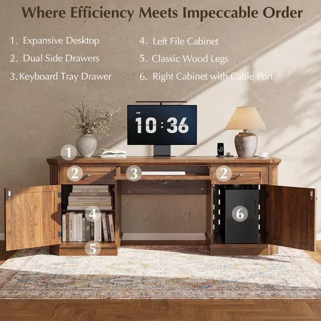Alt view image 3 of 7 - 59" Classic Executive Desk with Storage, Victorian Executive Desk with Charging Station, Keyboard Tray, 3 Drawers & 2 Cabinet Storage & 2 Pedestals, Easy Assembly, Dark Walnut