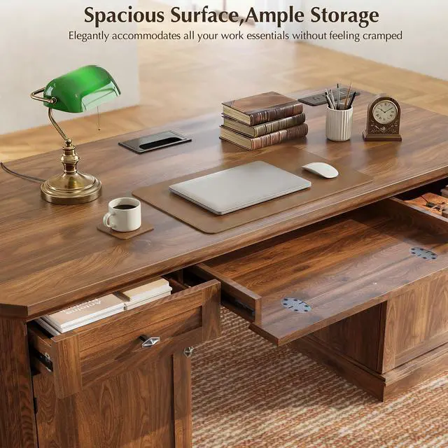 Alt view image 4 of 7 - 59" Classic Executive Desk with Storage, Victorian Executive Desk with Charging Station, Keyboard Tray, 3 Drawers & 2 Cabinet Storage & 2 Pedestals, Easy Assembly, Dark Walnut