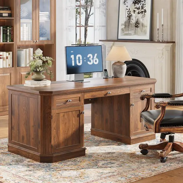 Main image of 59" Classic Executive Desk with Storage, Victorian Executive Desk with Charging Station, Keyboard Tray, 3 Drawers & 2 Cabinet Storage & 2 Pedestals, Easy Assembly, Dark Walnut