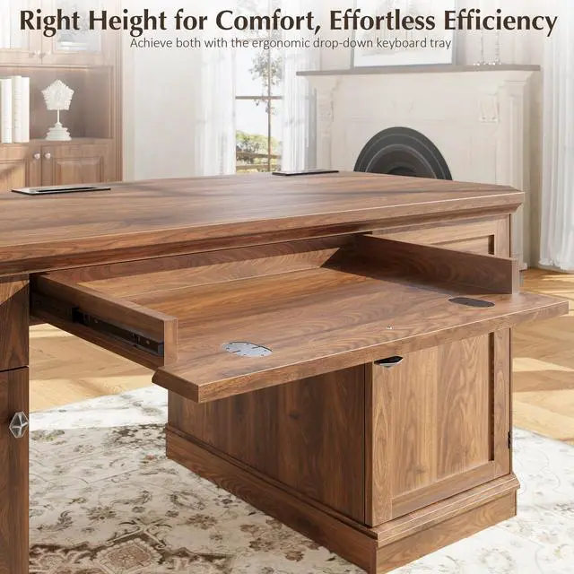 Alt view image 6 of 7 - 59" Classic Executive Desk with Storage, Victorian Executive Desk with Charging Station, Keyboard Tray, 3 Drawers & 2 Cabinet Storage & 2 Pedestals, Easy Assembly, Dark Walnut