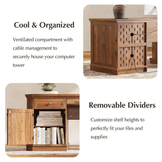 Alt view image 7 of 7 - 59" Classic Executive Desk with Storage, Victorian Executive Desk with Charging Station, Keyboard Tray, 3 Drawers & 2 Cabinet Storage & 2 Pedestals, Easy Assembly, Dark Walnut