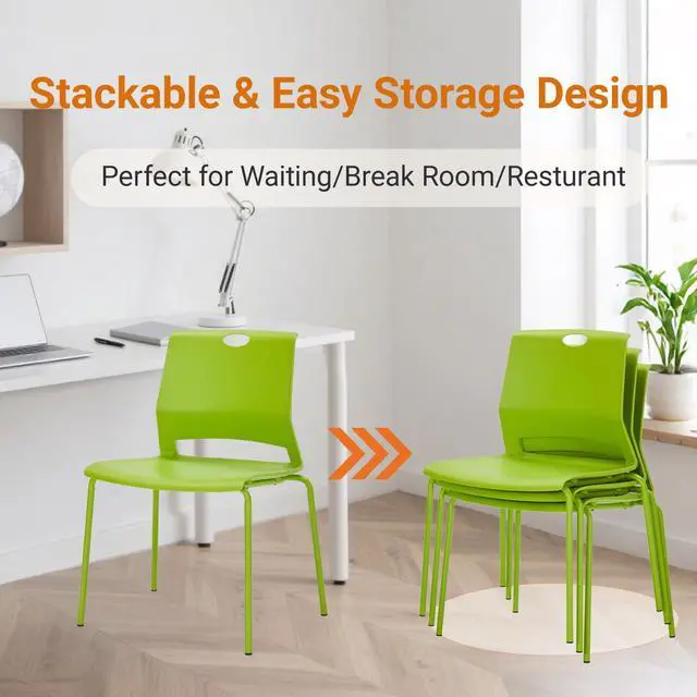 Alt view image 5 of 7 - Stackable Office Chairs, Green Guest Chairs with Comfortable Streamline Seat, Stacking Chairs No Wheels for Conference Room, Set of 4