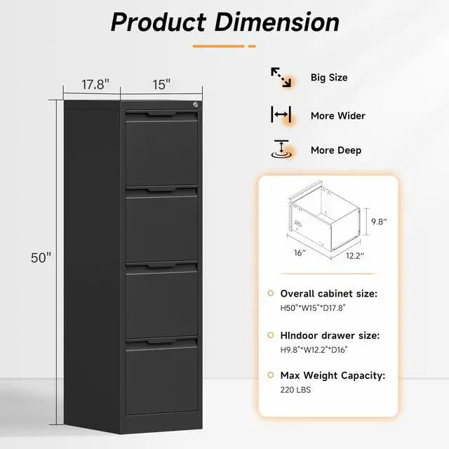 Alt view image 3 of 7 - File Cabinet, 4 Drawer Filing Cabinet with Lock, Metal File Cabinet | Vertical File Storage Cabinet, Lockable, Suitable for Letter/Legal/A4/ File Folder, Cabinet for Home Office, Easy to Assemble
