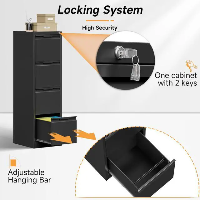 Alt view image 6 of 7 - File Cabinet, 4 Drawer Filing Cabinet with Lock, Metal File Cabinet | Vertical File Storage Cabinet, Lockable, Suitable for Letter/Legal/A4/ File Folder, Cabinet for Home Office, Easy to Assemble