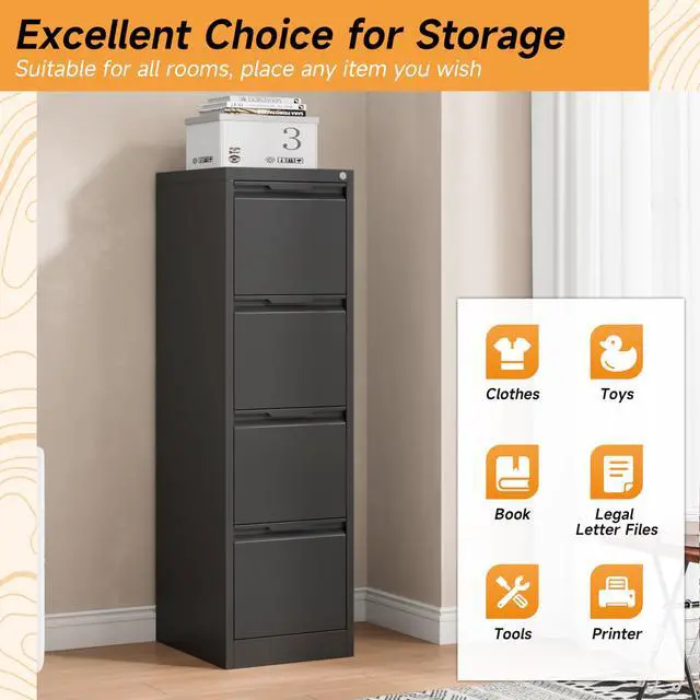 Alt view image 4 of 7 - File Cabinet, 4 Drawer Filing Cabinet with Lock, Metal File Cabinet | Vertical File Storage Cabinet, Lockable, Suitable for Letter/Legal/A4/ File Folder, Cabinet for Home Office, Easy to Assemble