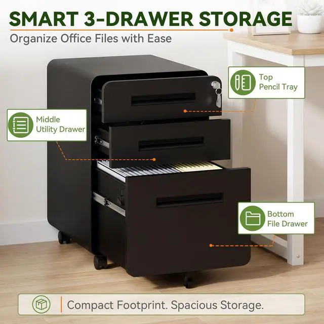 Alt view image 5 of 7 - 3 Drawer File Cabinet with Lock, Fully Assembled Mobile Cabinet | 23"H x 16"W x 18"D, Metal Filing Cabinet on Wheels for Home Office, Under Desk Storage Cabinet for Letters/Legal/A4