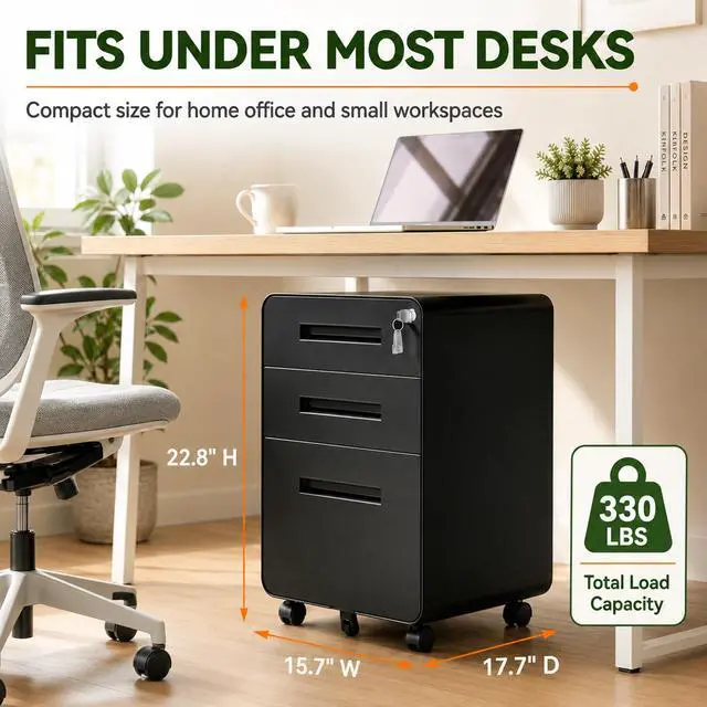 Alt view image 3 of 7 - 3 Drawer File Cabinet with Lock, Fully Assembled Mobile Cabinet | 23"H x 16"W x 18"D, Metal Filing Cabinet on Wheels for Home Office, Under Desk Storage Cabinet for Letters/Legal/A4