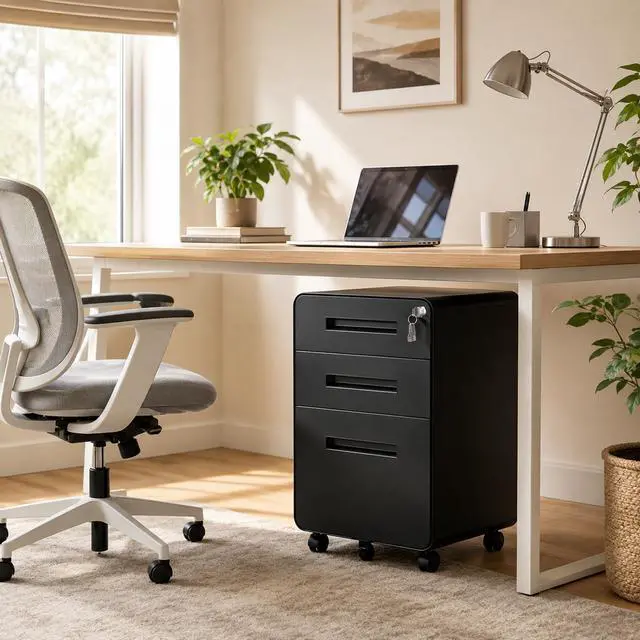 Alt view image 2 of 7 - 3 Drawer File Cabinet with Lock, Fully Assembled Mobile Cabinet | 23"H x 16"W x 18"D, Metal Filing Cabinet on Wheels for Home Office, Under Desk Storage Cabinet for Letters/Legal/A4