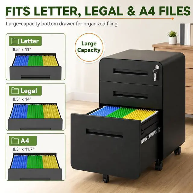 Alt view image 4 of 7 - 3 Drawer File Cabinet with Lock, Fully Assembled Mobile Cabinet | 23"H x 16"W x 18"D, Metal Filing Cabinet on Wheels for Home Office, Under Desk Storage Cabinet for Letters/Legal/A4