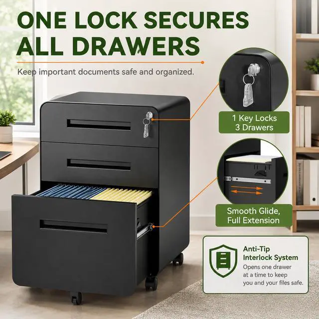 Alt view image 6 of 7 - 3 Drawer File Cabinet with Lock, Fully Assembled Mobile Cabinet | 23"H x 16"W x 18"D, Metal Filing Cabinet on Wheels for Home Office, Under Desk Storage Cabinet for Letters/Legal/A4