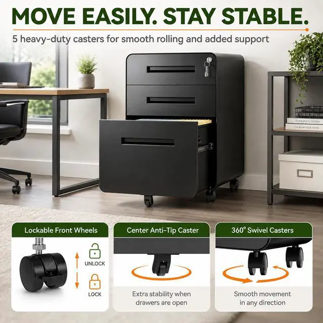 Alt view image 7 of 7 - 3 Drawer File Cabinet with Lock, Fully Assembled Mobile Cabinet | 23"H x 16"W x 18"D, Metal Filing Cabinet on Wheels for Home Office, Under Desk Storage Cabinet for Letters/Legal/A4