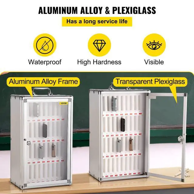 Alt view image 7 of 7 - 36-Slot Cell Phone Locker Silver Aluminum with Key Lock Portable Handle, Handwritten Tags, and Wall-Mount for Offices, Classrooms, Gyms
