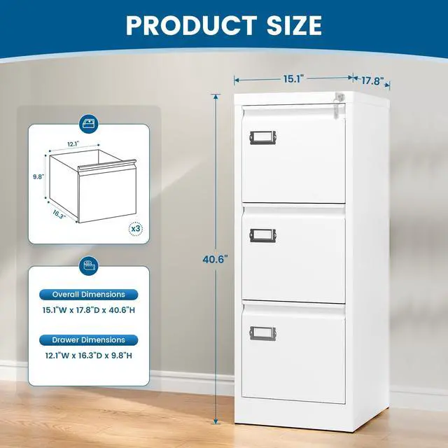 Alt view image 3 of 7 - 3-Drawer File Cabinet with Lock, 16.3" Deep Vertical Filing Cabinets, Metal File Cabinets for Home Office, Anti-Tip 3 Storage Drawers for Letter/Legal/A4/F4 Size (Assemble Required, White)