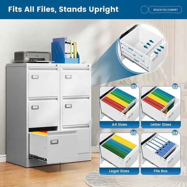 Alt view image 4 of 7 - 3-Drawer File Cabinet with Lock, 16.3" Deep Vertical Filing Cabinets, Metal File Cabinets for Home Office, Anti-Tip 3 Storage Drawers for Letter/Legal/A4/F4 Size (Assemble Required, White)