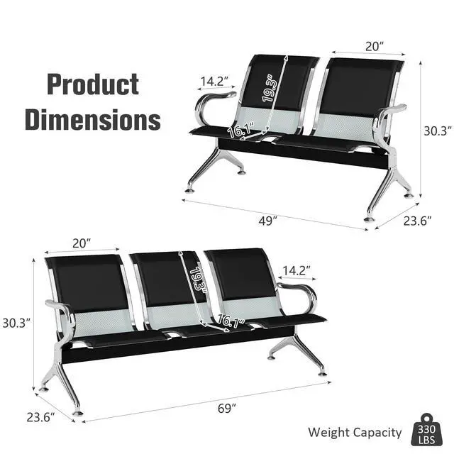 Alt view image 2 of 7 - 5-Seat Waiting Room Chairs Sofa Furniture - Waiting Room Bench with Arms Airport Reception Bench Guest Reception Chairs PU Leather Office Chair for Market Bank Hospital School Barbersho, Black