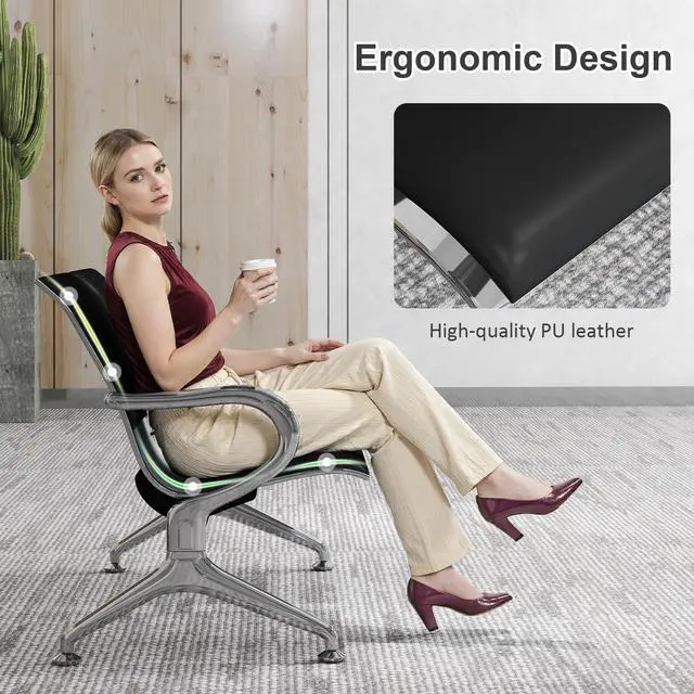 Alt view image 4 of 7 - 5-Seat Waiting Room Chairs Sofa Furniture - Waiting Room Bench with Arms Airport Reception Bench Guest Reception Chairs PU Leather Office Chair for Market Bank Hospital School Barbersho, Black