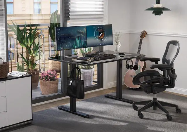 Alt view image 2 of 7 - Glass Standing Desk 40x24 Inch Black | Smooth Height Adjustment, Tempered Glass Top, 3 Memory Presets, Stand Up, 132 lbs Capacity, Quick Install