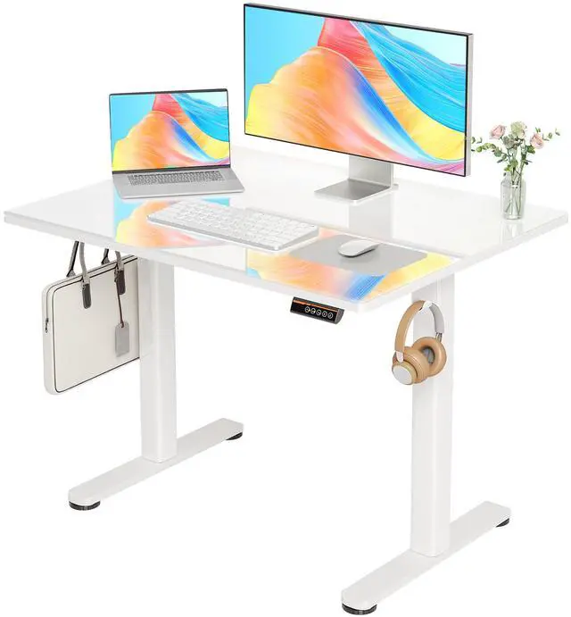 Main image of Glass Standing Desk 40x24 Inch White | Smooth Height Adjustment, Tempered Glass Top, 3 Memory Presets, Stand Up, 132 lbs Capacity, Quick Install