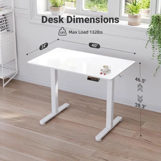 Alt view image 3 of 7 - Glass Standing Desk 40x24 Inch White | Smooth Height Adjustment, Tempered Glass Top, 3 Memory Presets, Stand Up, 132 lbs Capacity, Quick Install