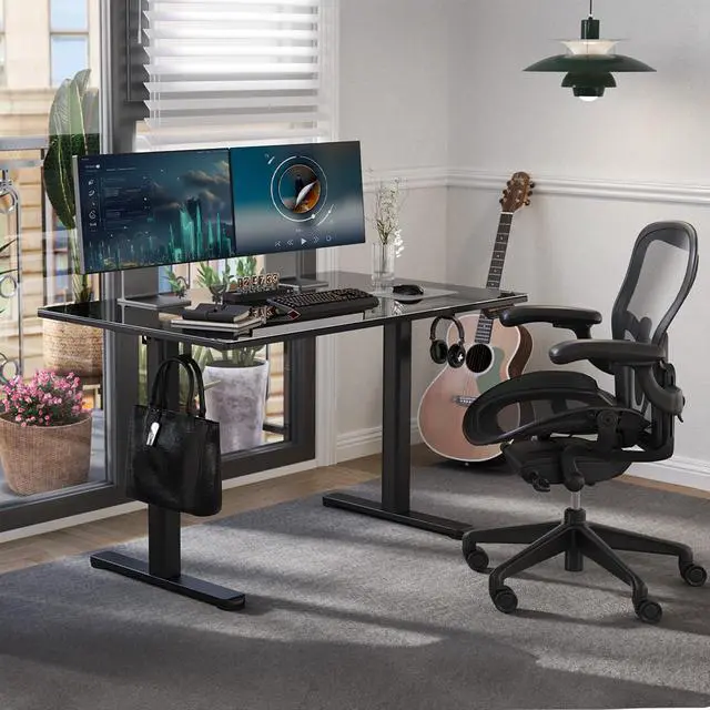 Alt view image 2 of 7 - Glass Standing Desk 40x24 Inch Super Black | Smooth Height Adjustment, Tempered Glass Top, 3 Memory Presets, Stand Up, 132 lbs Capacity, Quick Install
