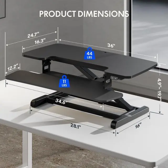 Alt view image 2 of 7 - 36" Electric Standing Desk Converter, Motorized Sit to Stand Desk Riser, Height Adjustable Desktop Dual Monitor Workstation with Large Keyboard Tray, Black