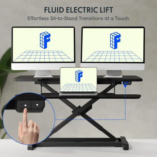 Alt view image 3 of 7 - 36" Electric Standing Desk Converter, Motorized Sit to Stand Desk Riser, Height Adjustable Desktop Dual Monitor Workstation with Large Keyboard Tray, Black